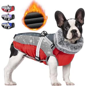SlowTon Dog Jacket with Harness Built in - Waterproof Fleece Winter Warm Dog Coats for Small Medium Dogs, Reflective Adjustable Furry Puppy Vest Clothes for Outdoor Walking (Red & Black,M) (Medium (Chest 18.0"-21.0"))