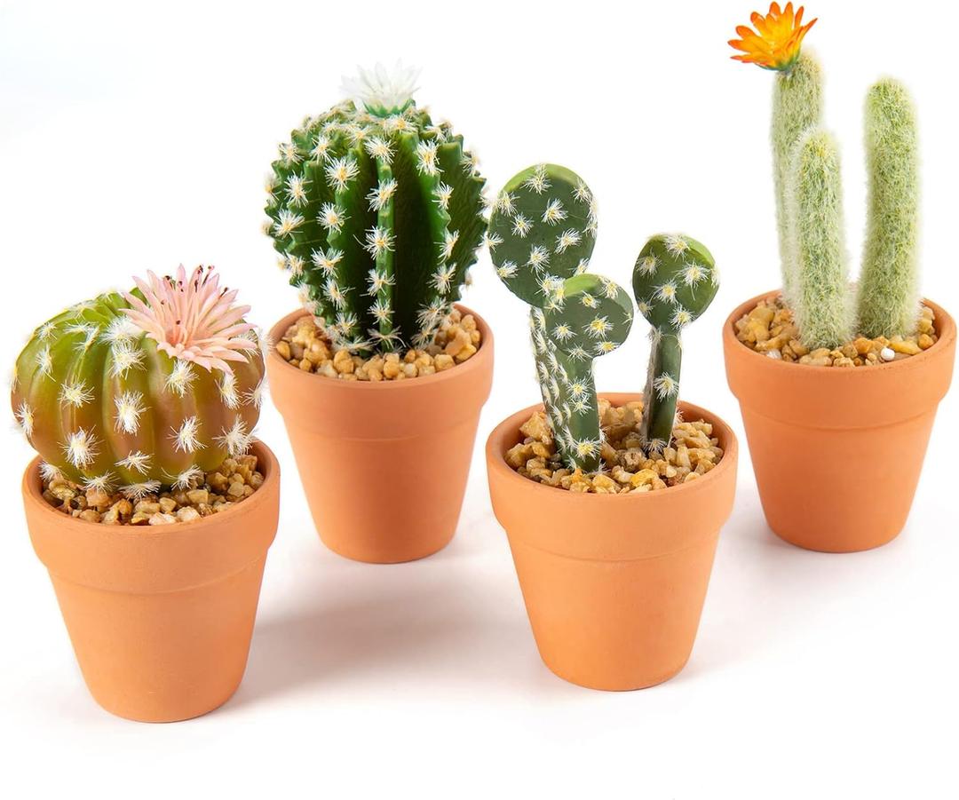 Mini Artificial Cactus Plants in Terracotta Pots 4 Pcs Potted Faux Succulents in Pots Fake Potted Plants Cactus Decor Small Artificial Plants for Home Decor Indoor Office Desk Tabletop Shelf