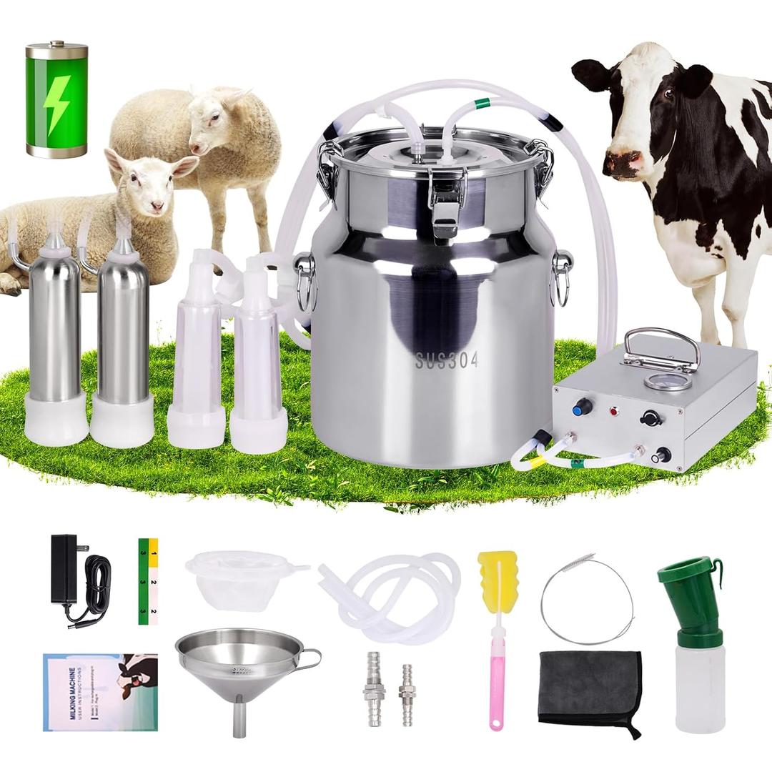 PKNYBZN 8L Cow Milking Machine Portable Vacuum Pump, Rechargeable Electric Cow Milker Machine Adjustable Suction Pulsation Vacuum, 2-in-1 Cow/Goat Milking Machine with 304 Stainless Steel Buckets