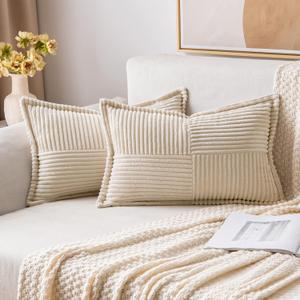 MIULEE Corduroy Lumbar Pillow Covers 12x20 Inch with Splicing Set of 2 Soft Boho Pillow Covers Broadside Decorative Throw Pillows for Couch Livingroom Beige