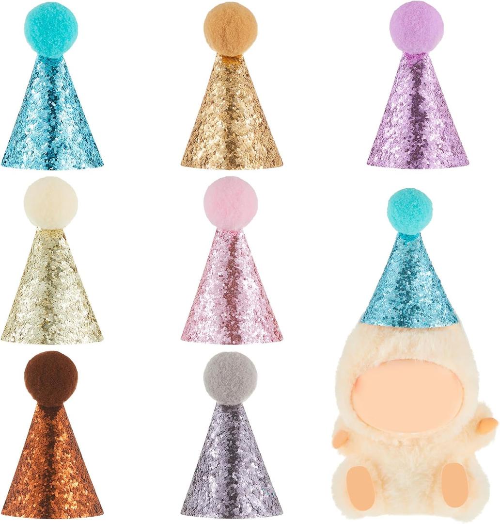 Soulchen 7 Pcs Mini Party Hats 3.15 Inch for 17cm Doll Stuffed Animals Tiny Cone Hats with Pom Poms Glitter for Doll Birthday Party Decor Costume Accessories