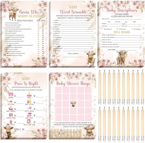 Meooeck 145 Pieces Baby Shower 5 Game Set Baby Shower Games for Party Include Descriptions, Wishes, Guessing Who, Bingo Games(Highland Cow)
