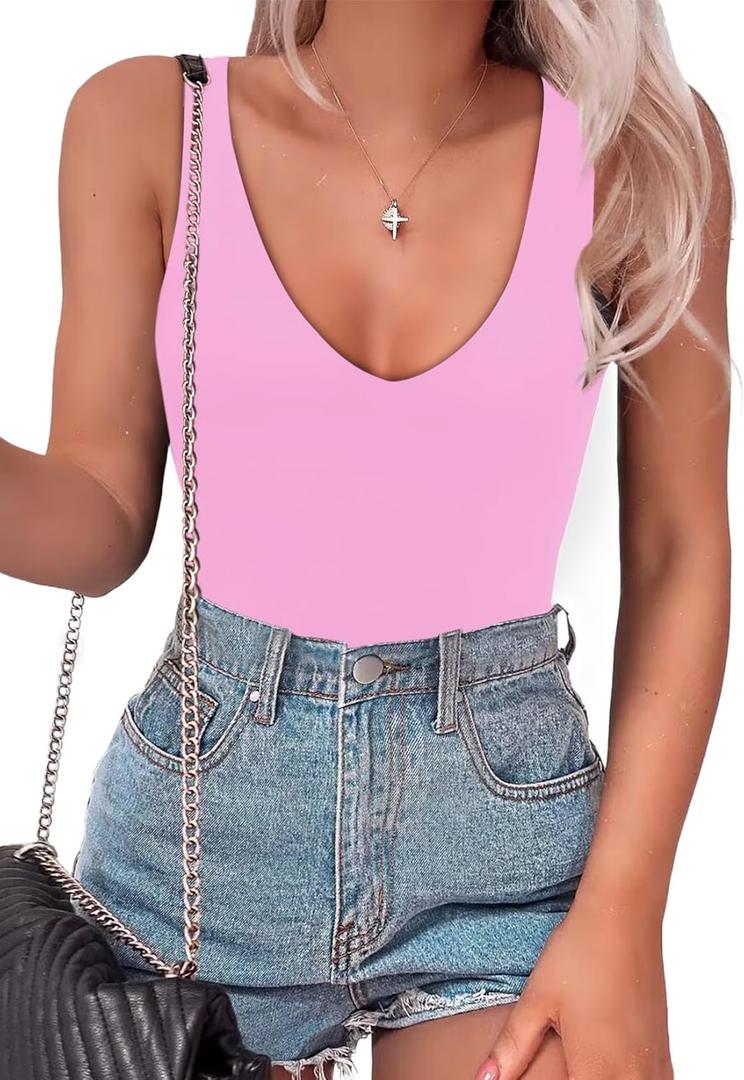 SAUNGKUAI Women's Bodysuit Plunge Deep V Neck Backless Sleeveless Going Out Tank Tops Thong Body Suits Leopard (X-Large, Light Pink)