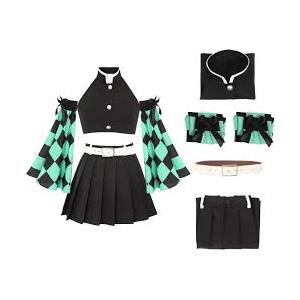 Women's Kamado Tanjirou Cosplay Costume Set Vest Pleated Skirt Sleeve with Belt for Adult,Large