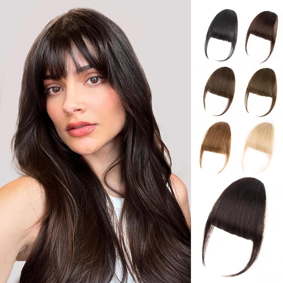 EINAEY Bangs Hair Clip - Brown Black Clip in Bangs Real Human Hair, Fake Bangs Clip on Bangs for Women Fringe with Temples Wispy Bangs Hair Extensions for Daily Wear