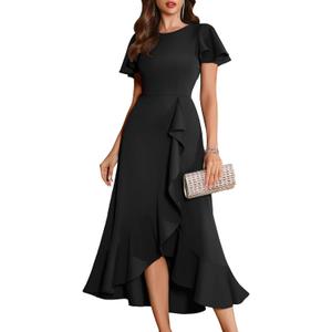 BeryLove Women Formal Party Dress Flutter Short Sleeve Wedding Cocktail Long Evening Dress (Black, XL)