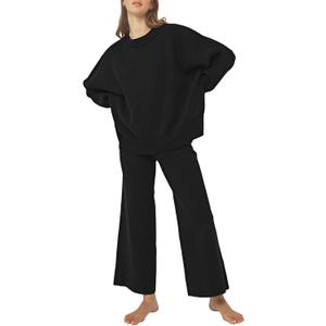 Pink Queen Women's 2 Piece Outfits Sweater Sets Knit Pullover Tops And Wide Leg Pants Loose Tracksuit Lounge Set (Medium, Black)