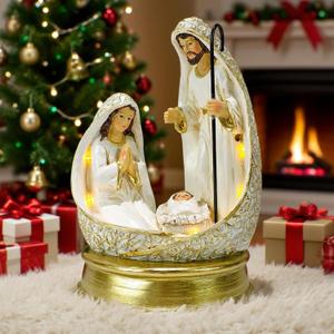 Nativity Scene Indoor Christmas Decorations - 8 LED Lights Hand-Painted Nativity Figurines for Home Display Tabletop Shelf Decor (White&gold)