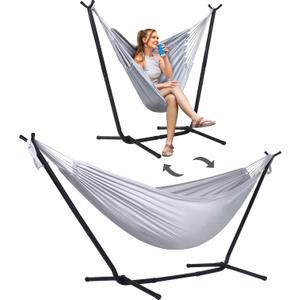 SUNCREAT 2-in-1 Convertible Extra Large Hammocks with Stand, Heavy Duty 2 Person Hammock for Outside with Stand, Patented, Light Gray