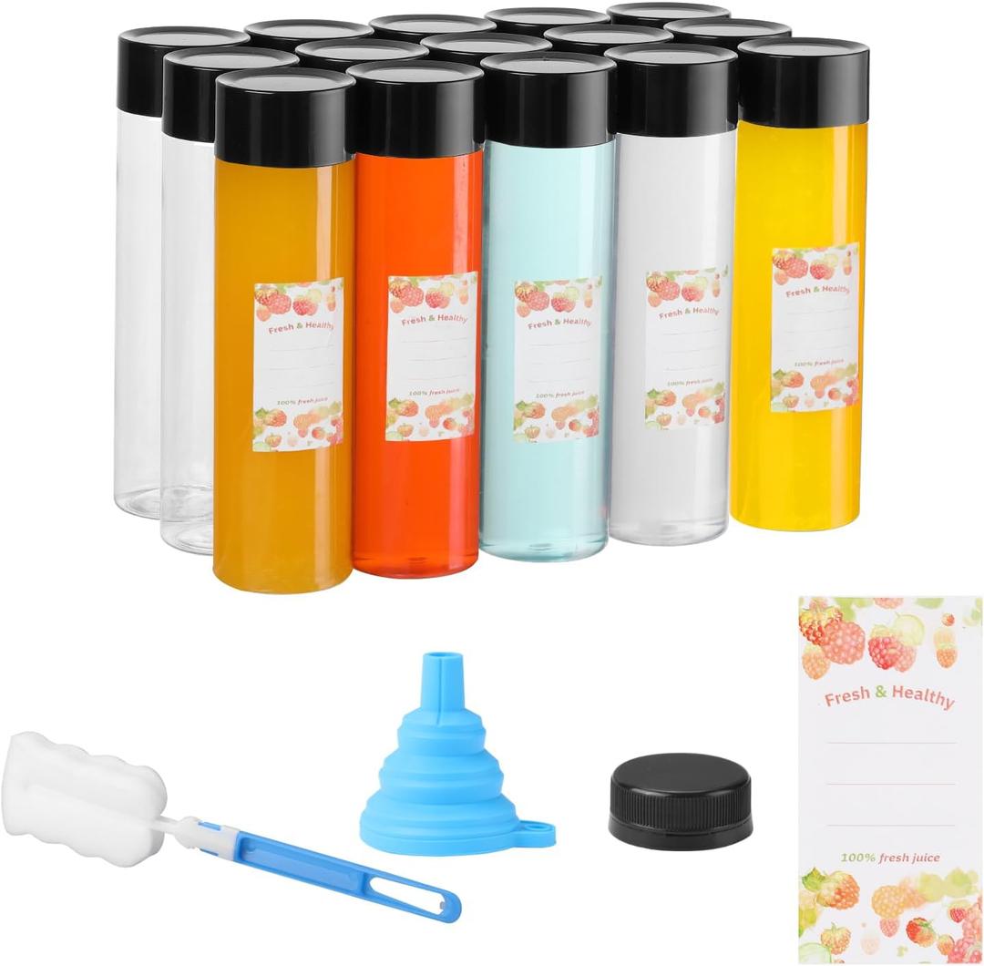 15pcs 12oz Round Empty Reusable Juice Bottles With Caps,Label, Funnel, and Brush Drink Containers For Juicing Milkshake And Other Beverages
