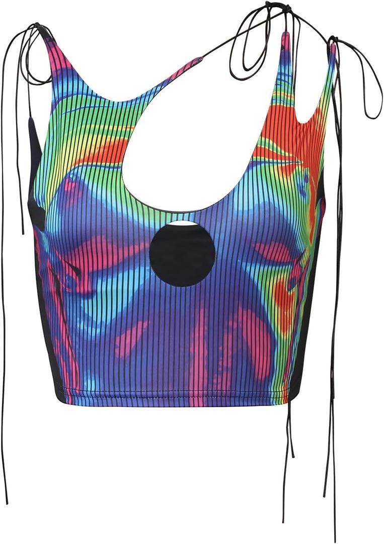CAPE CLIQUE Y2K Tops Rave Outfits Sexy Tops for Women Party Club Night Halter Sleeveless 3D Body Print Summer Crop Tank Top (Small, Purple-blue)