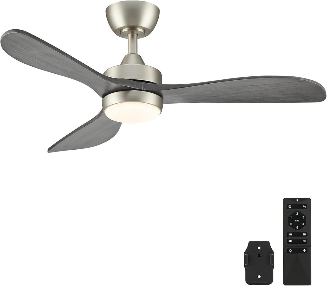 VONLUCE Ceiling Fans with Lights, 42 Inch Ceiling Fan and Remote, 6-Speeds Noiseless Reversible DC Motor, 3CCT, Wood Ceiling Fan for Outdoor Indoor Farmhouse Patios, Nickel
