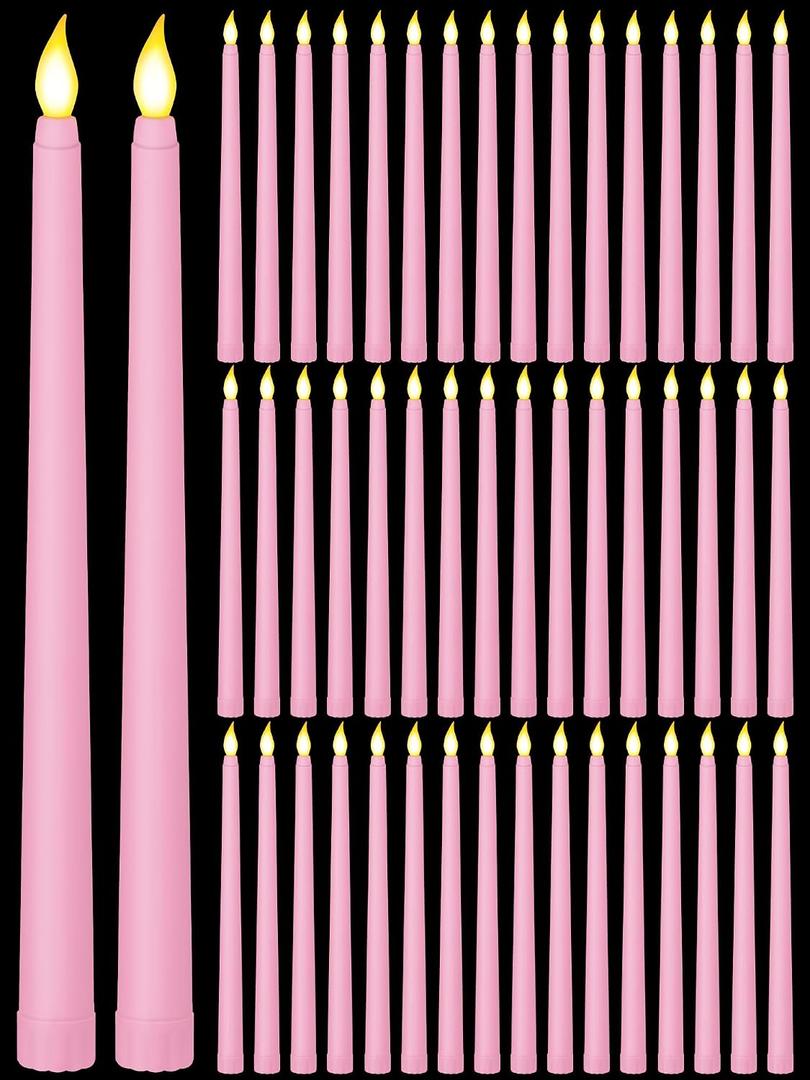 Funtery 48 Pcs Flameless LED Taper Candles Battery Operated Candles Bulk Realistic LED Candlesticks Flickering for Wedding Church Graduation Party Home Decor(Pink,Classic Style)
