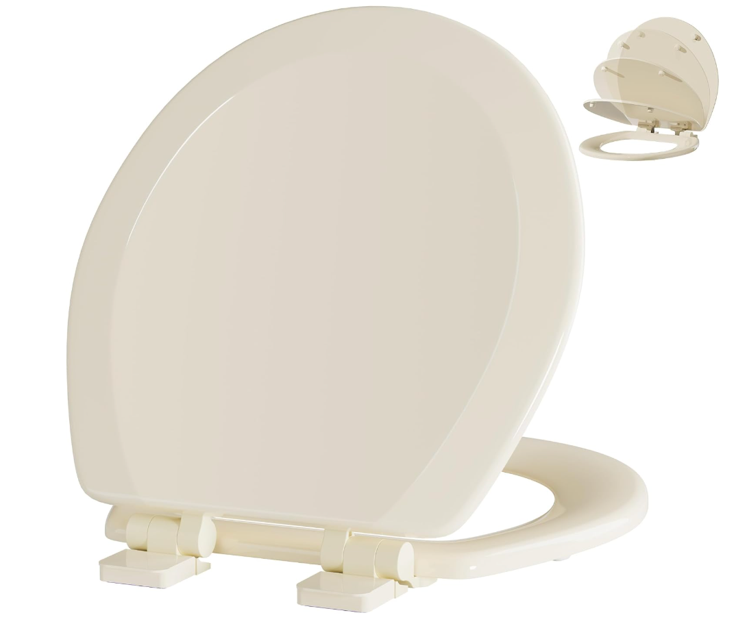 Angol Shiold Slow Close Wood Toilet Seat（Bone, Round 16.5''）