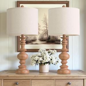 BOBOMOMO 24" Farmhouse Table Lamps Set of 2 Rustic Light Brown Resin Bedside Lamps with Linen Shades, Medium Size Nightstand Lamps for Bedroom, Living Room, and Entryway, Ideal for Warm, Cozy Spaces