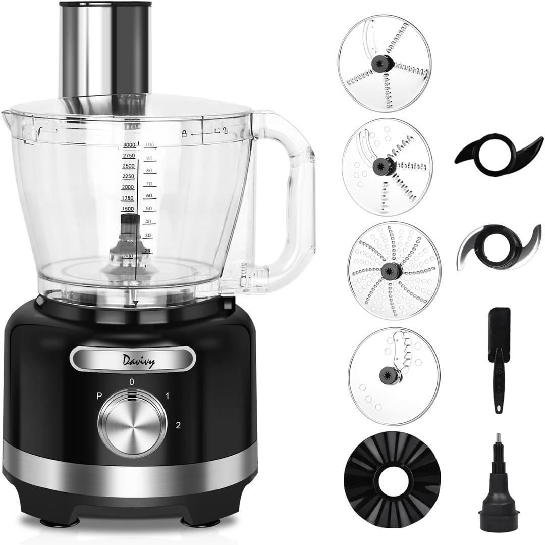 Davivy 16 Cup Food Processor,3.8L(128oz) 9-in-1 Multifunction Vegetables Chopper, Cheese Grating,Chopping,Emulsifying, Shredding, Slicing, Doughing for Home Use,Black,600W (16-Cup Processor Bowl)