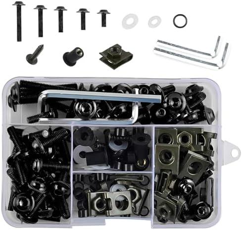 waswale 177 PCS Windshield Screws, Aluminum Fastener Fairing Bolt Nut Clip Kit, Washer Nut Screw Installation Kit Combination, Universal for Most Sport Bikes, Motorcycles (Black)