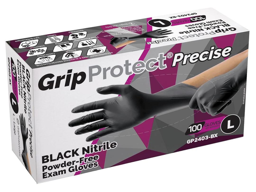 GripProtect Precise Black Nitrile Gloves, Exam, 4 Mil, Food, Home, Cleaning, Medical/Dental, Tattoo (Large, 100)