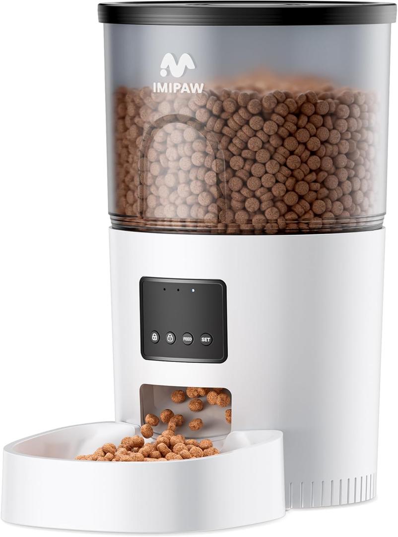 IMIPAW Automatic Cat Feeder, 3L Timed Dry Food Dispenser with Desiccant, Programmable Portion Control, Dual Power Backup, 10 Meals Daily, 15 Portions Per Meal, Suitable for Small Pets, Easy Setup (White)