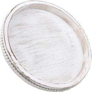 Round Wood Serving Tray with Beaded, 13 Rustic Wooden Decorative Coffee Table Tray for Centerpiece, Ottoman, Farmhouse Circle Trays for Counter, Living Room, Home Decor (Whitewashed)