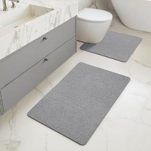 MIULEE Set of 2 Ultra Thin Bathroom Rugs, Rubber Bath Mat, U-Shaped Toilet Rug for Bathroom, Non Slip Quick Dry Absorbent Machine Washable, Fit Under Door, Shower, Sink, Grey, 17"x27"+20"x24"