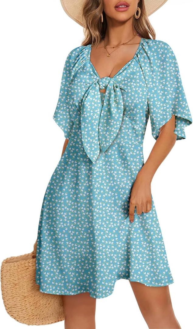 Dokotoo Womens Dresses 2026 Deep V Neck Elegant Bow tie Mini Dress S-XL | Short Sleeve,V Neck,Graduation Party Dress,Elegant,Cocktail,Flowy Beach Vacation Wear,Casual Dress (Blue, S)