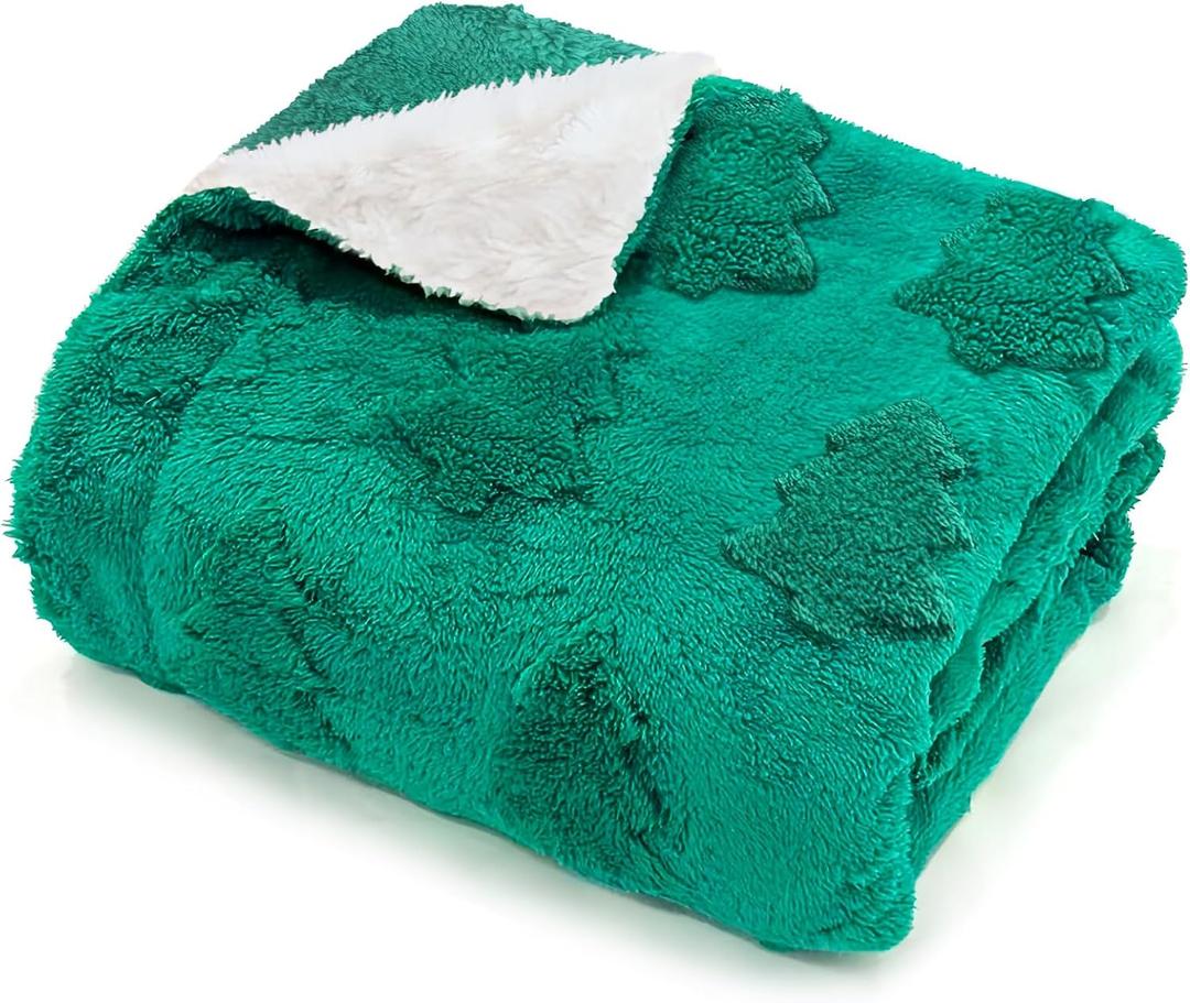 50x60 Inches Sherpa Christmas Blanket for Holiday Home Decor, Green Xmas Tree Jacquard Soft Flannel Fleece Throw Blanket for Bed Couch Sofa, Christmas Decor Gifts for Women Men Teen Family Friends
