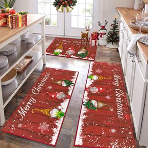 HEBE Christmas Kitchen Rugs Sets of 3, Non Slip Red Santa Gnome Christmas Rug for Kitchen, Farmhouse Kitchen Mats for Floor Washable Floor Carpet Set for Winter Xmas Holiday Decoration (20"x32"+20"x48"+20"x59")