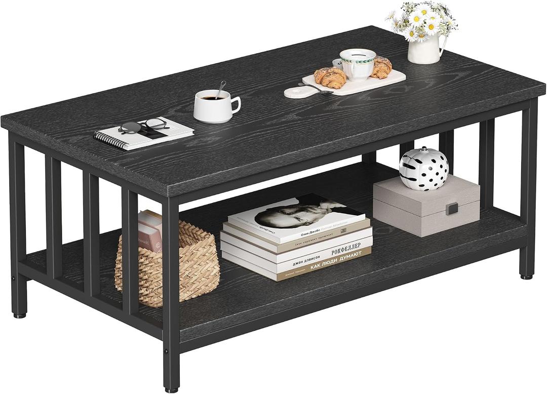 Coffee Table for Living Room with Slatted Sides Frame, Modern Farmhouse Living Room Table with 2-Tier Storage Shelf for Home Office, Apartment, 39 inch, Black, 39.4L*21.6W*18.1H