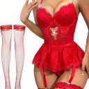 Lilosy Sexy Stocking Rhinestones Heart Garter Underwire Floral Mesh lace Sheer Babydoll Lingerie Teddy Bodysuit Skirt Set (XX-Large, Bright Red)