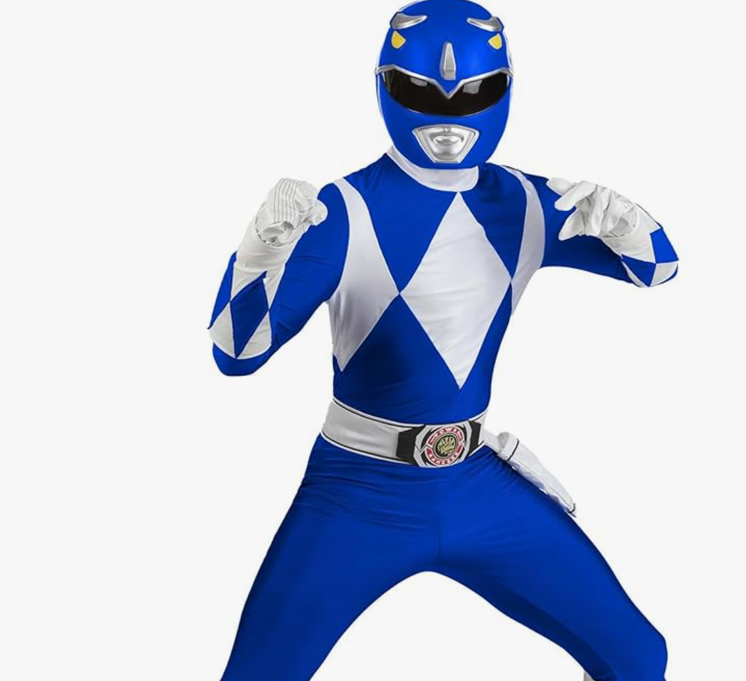 Mens Power Rangers Blue Ranger Costume | Adult Jumpsuit with Helmet, Belt, Wrist Guards, Gloves and Boot Covers, M