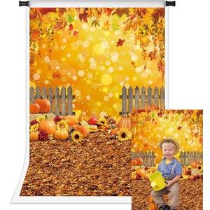 Fall Maple Leaf Backdrop Autumn Natural Scenery Sunflower Pumpkin Photography Background Thanksgiving Harvest Baby Shower Party Photo Booth Props (5x7FT)