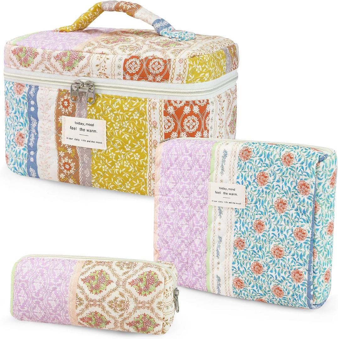 3Pcs Cotton Quilted Makeup Bag for Women Girls, Large Floral Cosmetic Bag Set Cute Makeup Brushes Aesthetic Accessories Storage Bag Travel Toiletry Bag Organizer for Women
