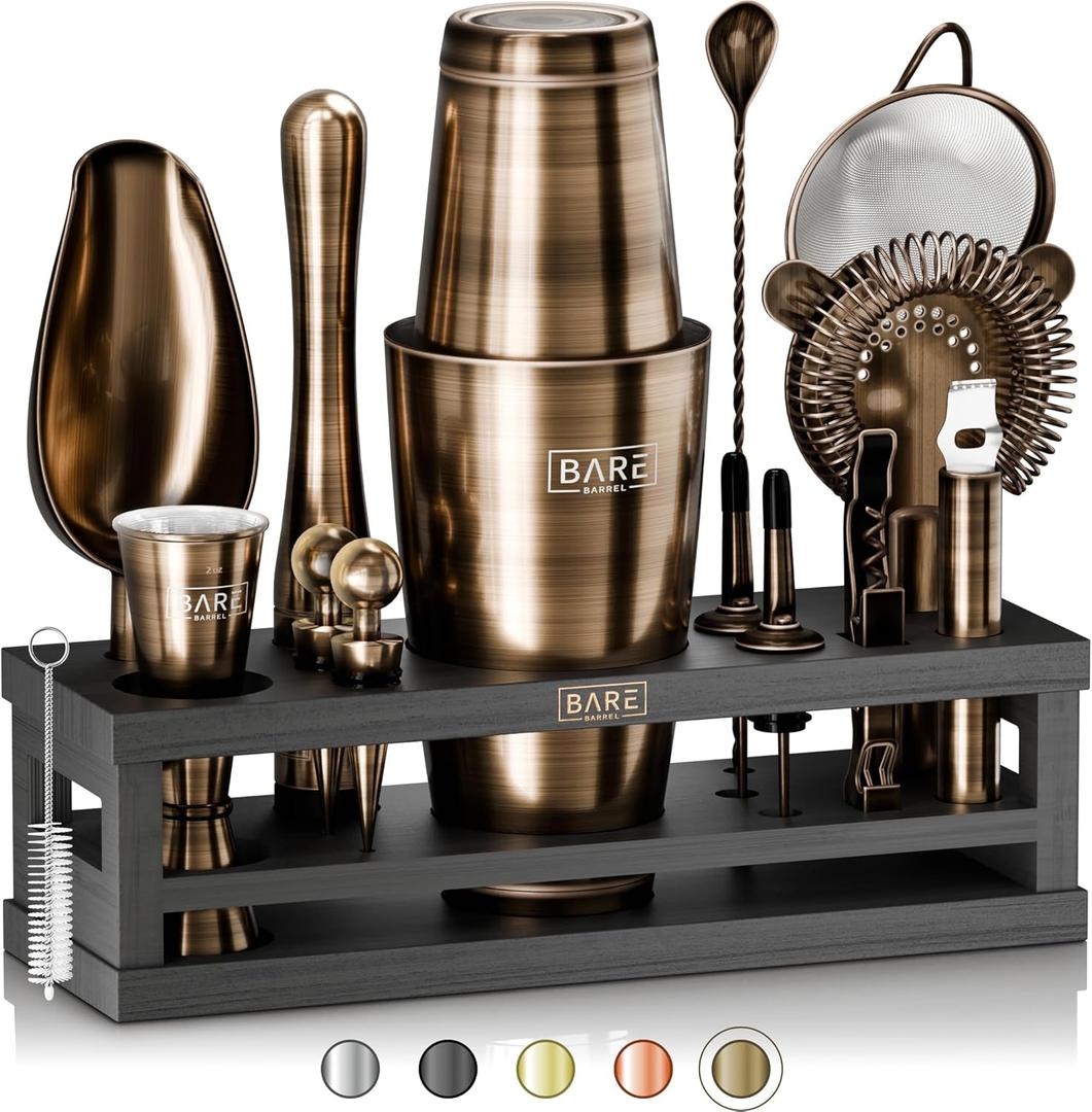 BARE BARREL Mixology Bartender Kit Bar Set | 16-Piece Cocktail Shaker Set | Martini Barware Mixing Tools for Home Bartending | Incl. 35 Recipe Cards | Gift Set (28oz Boston Shaker, Brass/Black)