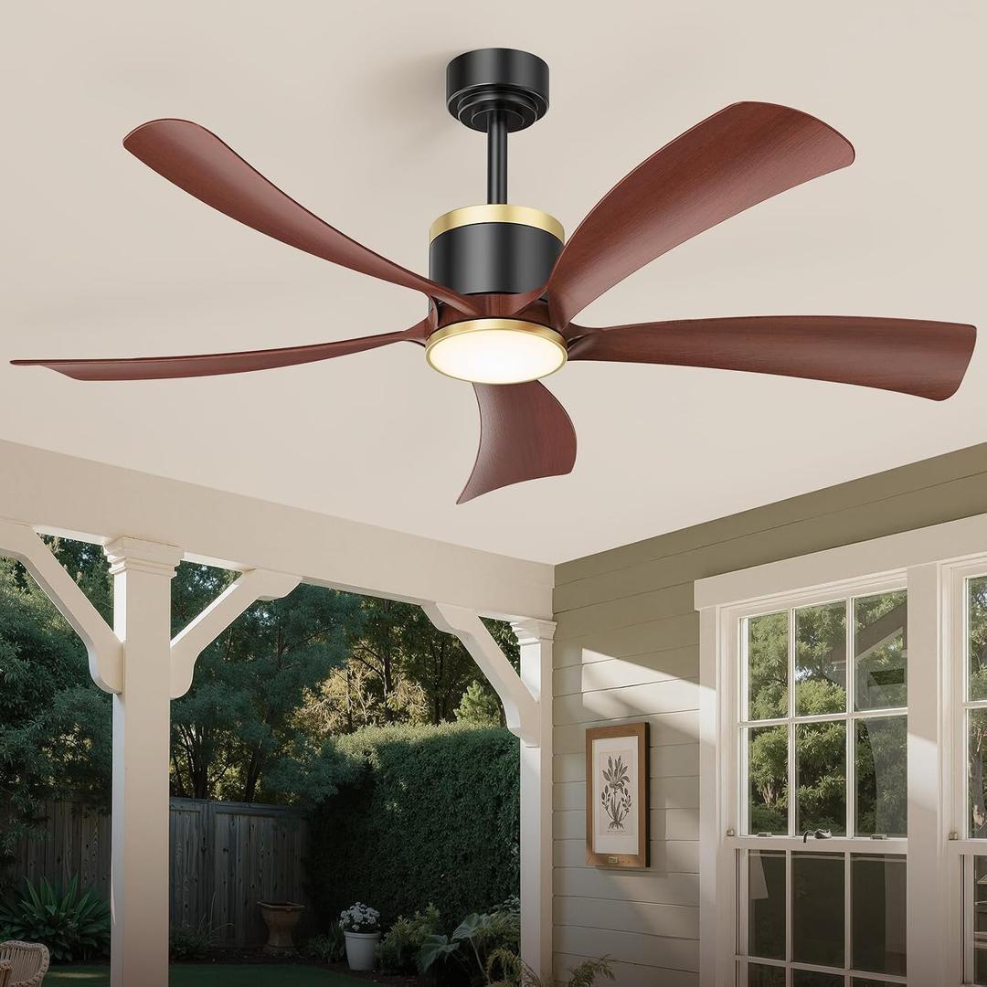 BLNAN 52" Premium Walnut Solid Wood Ceiling Fan with Light - Whisper-Quiet DC Motor, 6 Speeds, 3000K-6000K Dimmable LED, Remote Control with Timer, 2 Downrods for Indoor/Outdoor, A++ Energy Saving