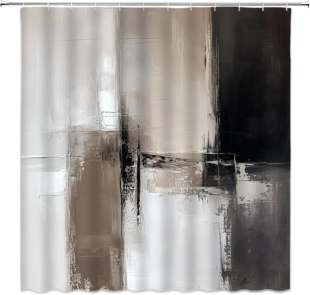 Brown and Grey Shower Curtain Tan Black Abstract Art Oil Painting Modern Brush Strokes Contemporary Aesthetic Vintage Fabric Bathroom Curtain Set with Hooks (70"W x 70"L (Pack of 1))
