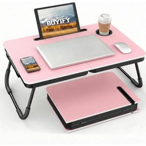 BUYIFY Foldable Laptop Bed Desk for Couch, Sofa - Large Lap Desk Tray Table with Cup Holder and Tablet Slot - Portable Notebook Stand for Eating, Writing, Studying and WFH (Pink)