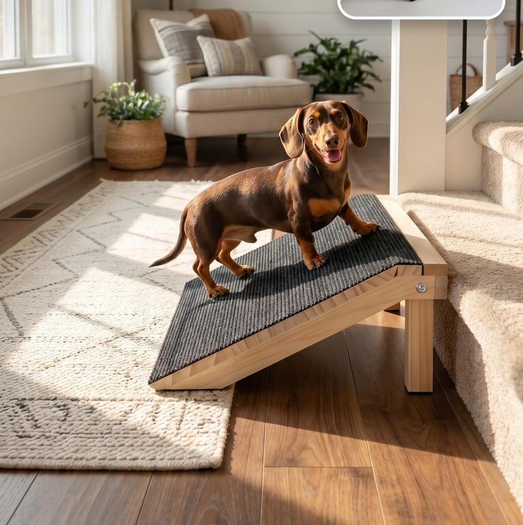Wooden Dog Ramp for Stairs, 4.3"/5.5" Height Adjustable Pet Ramp with Non-Slip Carpet Surface, Small Dog Step Ramp for Indoor Stairs, Entryway & Porch, Supports Senior Dogs & Cats (1-Pack)
