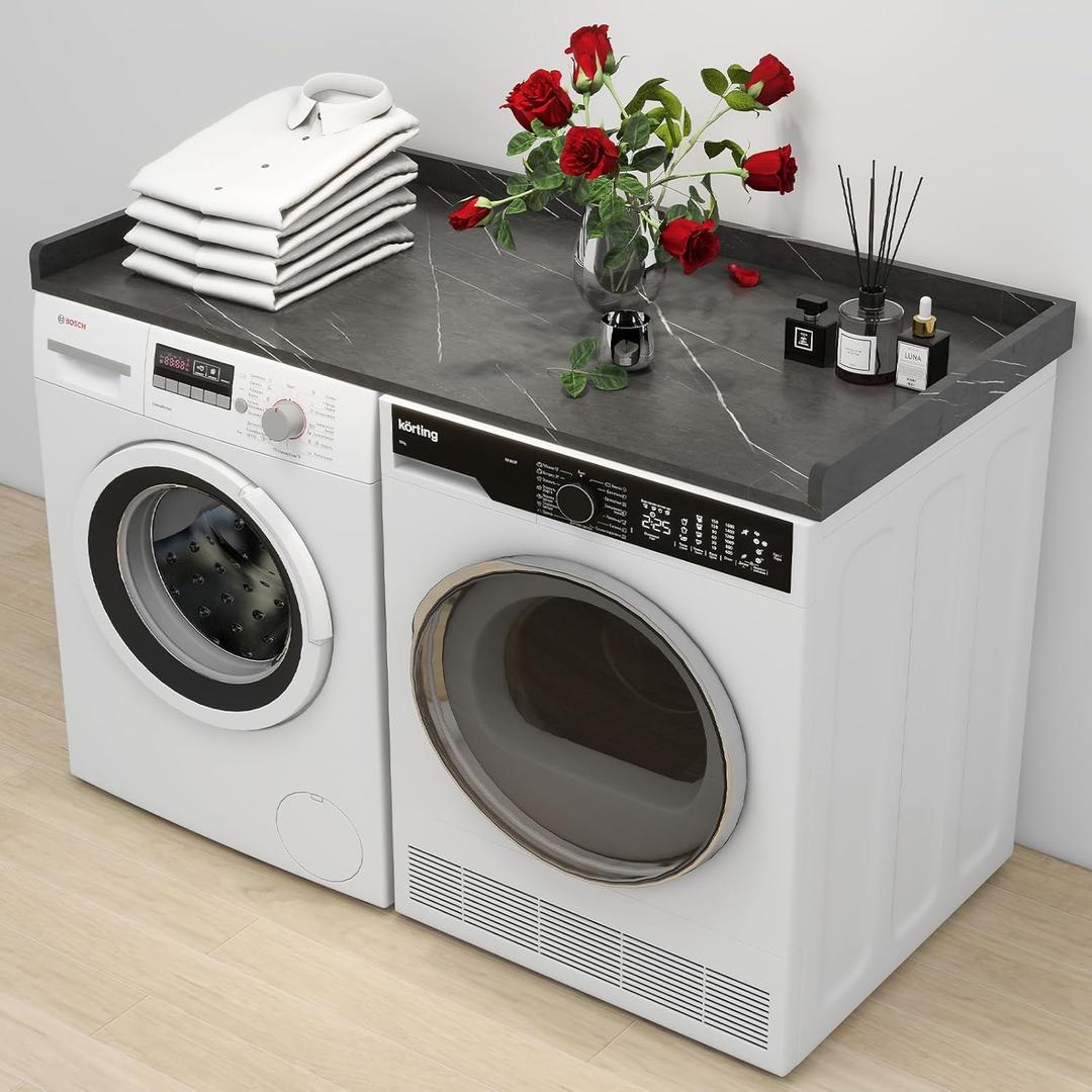 Washer Dryer Countertop, Laundry Counter top with Edge Rails Non-Slip Pads, 27.6" Depth x 54" Width Wood Topper for Washer Dryer, Laundry Machine Cover for Storage and Organization Black Marble
