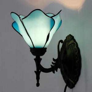 Tiffany Wall Sconce Lamp Blue Stained Glass Flower Style 8X10.5X11 Inch Plug in Wall Bedside Light for Hallway Bedroom (Blue Flower Style)