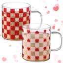 2 Pcs Heart Mugs 12 oz Valentine Glass Cups with Handle Pink Red Checkered Heart Iced Coffee Cups for Couples Valentine's Day Gifts for Anniversary Wedding Engagement Birthday Couple Gifts