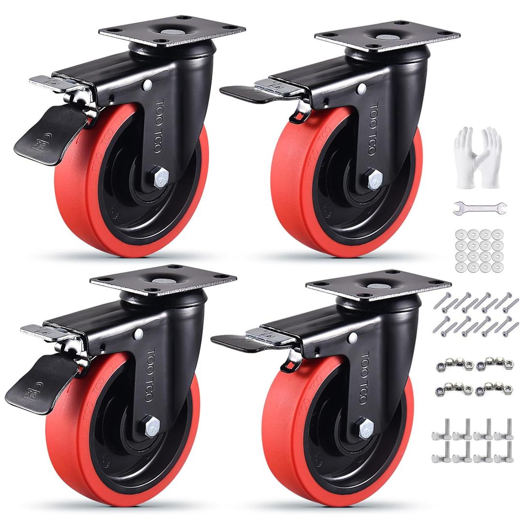Casters Set of 4 Heavy Duty 5 Inch Caster Wheels with Brake 3000Lbs Capacity Silent Swivel TPR Rubber Wheel Locking Industrial Plate Castors Perfect for Carts, Furniture and Workbenches