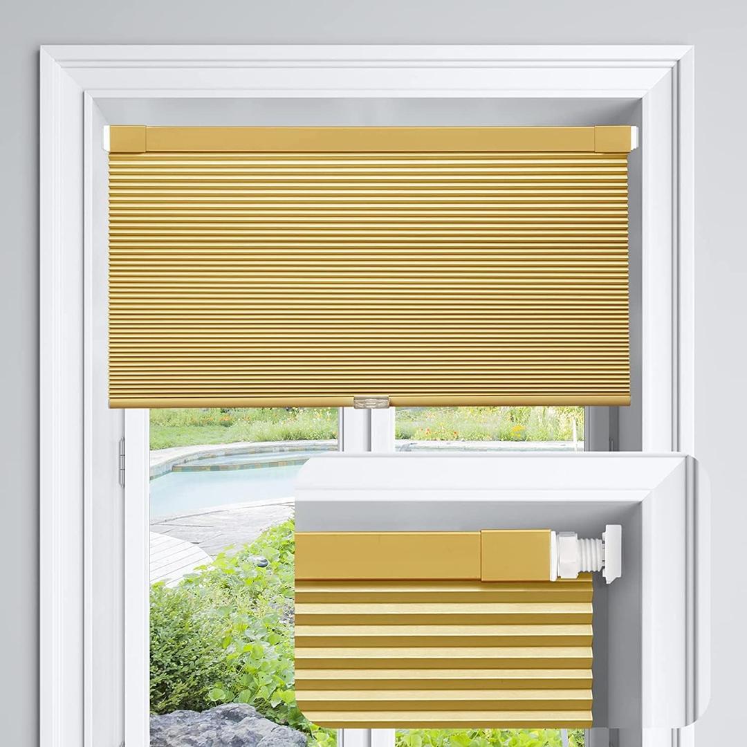 LazBlinds Cordless Cellular Shades, No Tools No Drill Blackout Honeycomb Shades Pleated Blinds for Windows, 28" W x 64" H, Yellowish-Brown