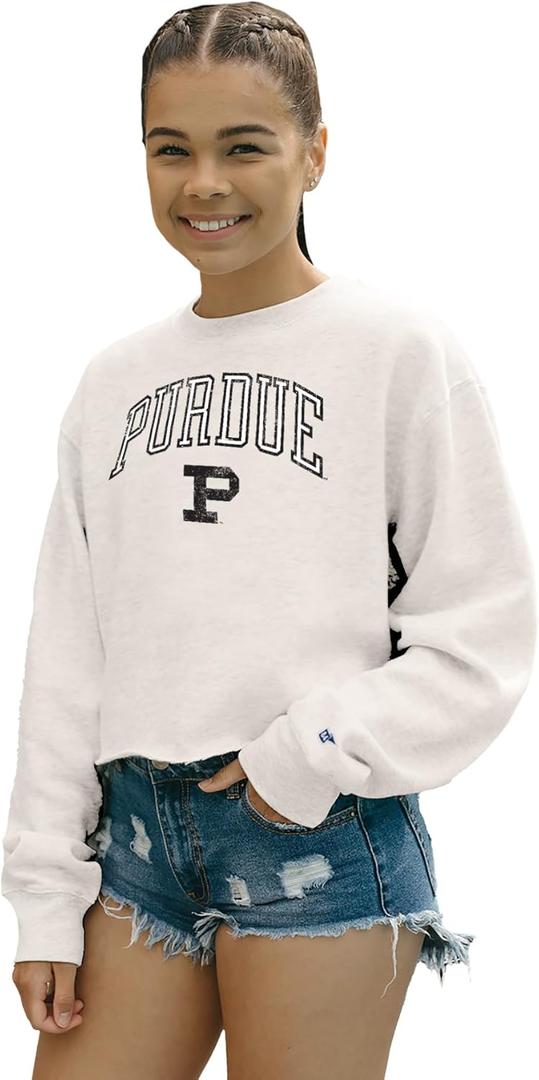 Blue 84 NCAA womens Ncaa Officially Licensed Crop Crewneck Sweatshirt Vintage Arch Over White (Small)