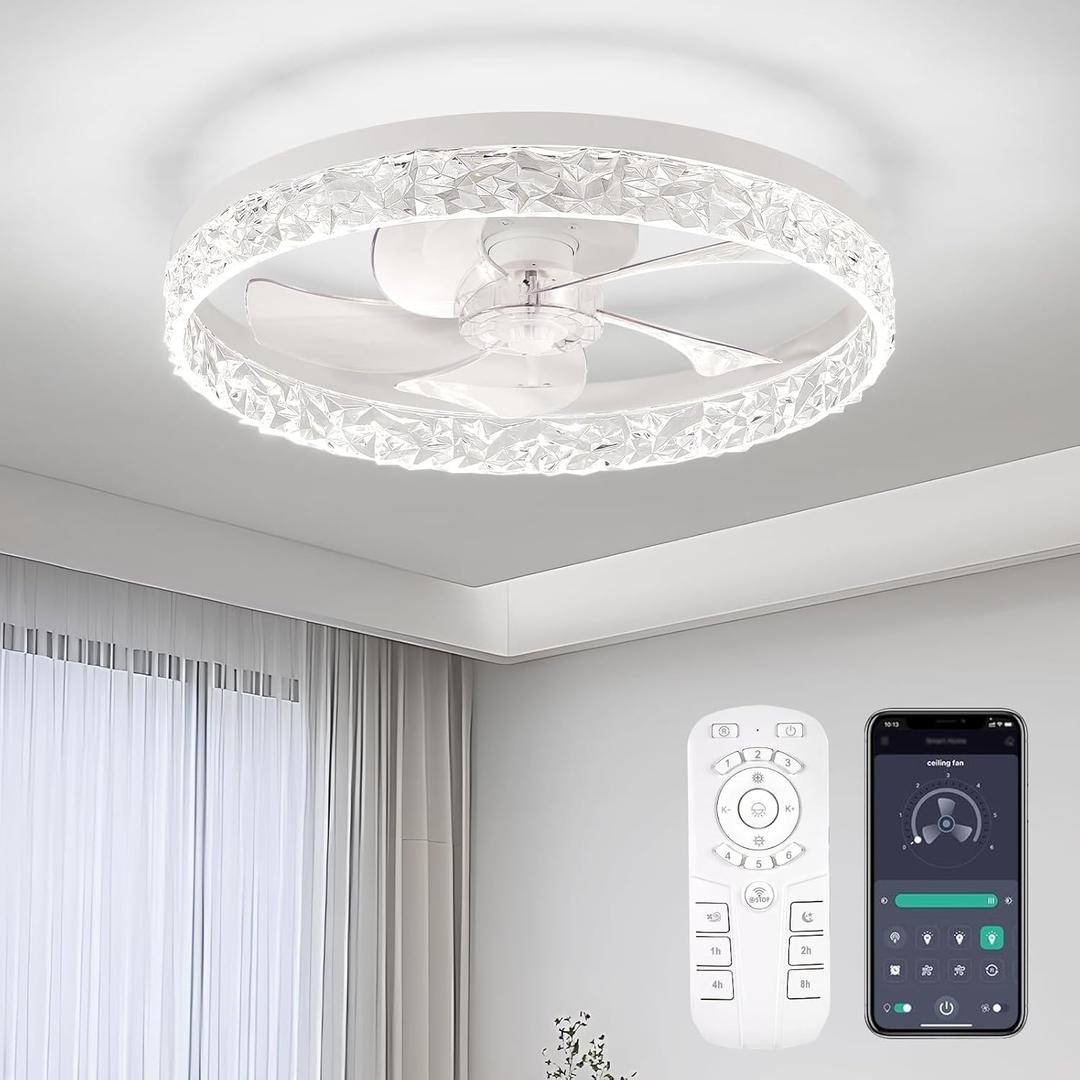 Ceiling Fans with Lights, Flush Mount Ceiling Fan with Lights and Remote, 6 Wind Speeds Low Profile Smart Ceiling Fan for Bedroom, Kids Room, Kitchen and Small Room 20" (Pearl White)