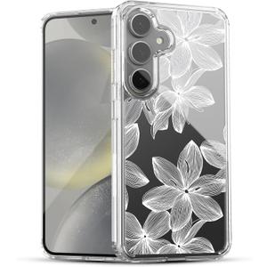 Ranz Case for Galaxy S24 FE, Anti-Scratch Shockproof Series Clear Hard PC+ TPU Bumper Protective Cover Case for Samsung Galaxy S24 FE - White Flower