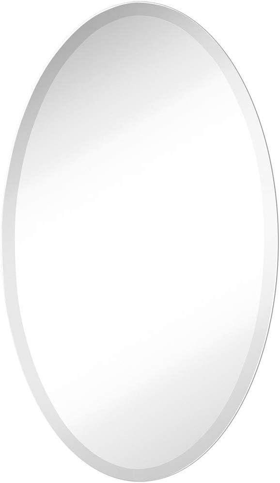 Hamilton Hills Large Oval Mirror 24x36 inch Polished Glass Frameless, Lightweight Mirror for Wall | 1" Beveled Rounded Bathroom Mirrors for Vanity | Oval Hanging Wall Mounted Mirror for Home Gym