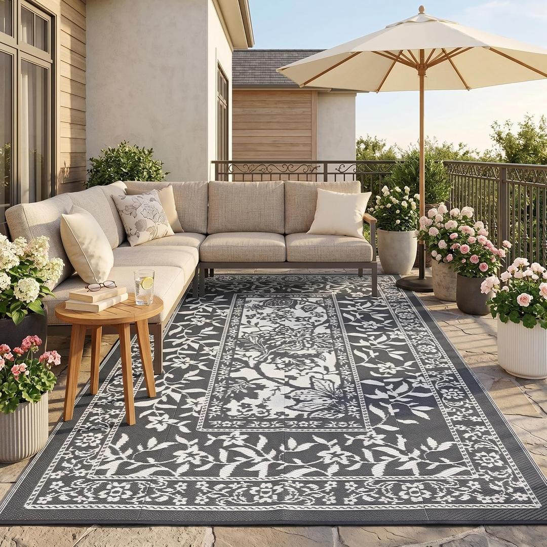 Garvee Outdoor Rug 10x20, Waterproof Reversible Foldable Plastic Straw Rug, Botanical cottagecore Large Outdoor Rugs Patio Camping RV Carpet for Deck Camper Porch Balcony Backyard Picnic Beach Grey
