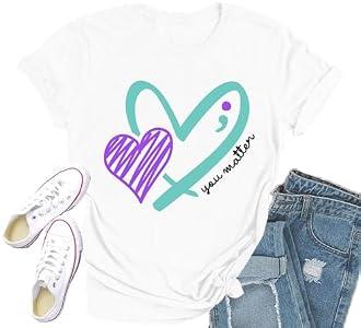 Qskall Womens Suicide Awareness Shirt Suicide Prevention T-Shirts Blue and Purple Hearts Tee Mental Health Matters Tops, XL