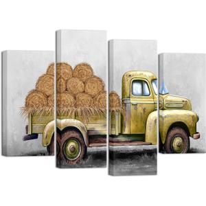 iHAPPYWALL 4 Pieces Farmhouse Canvas Wall Art Old Truck Artwork Rustic Car Painting Countryside Farm Barn Straw Bales Picture Print for Home Decor